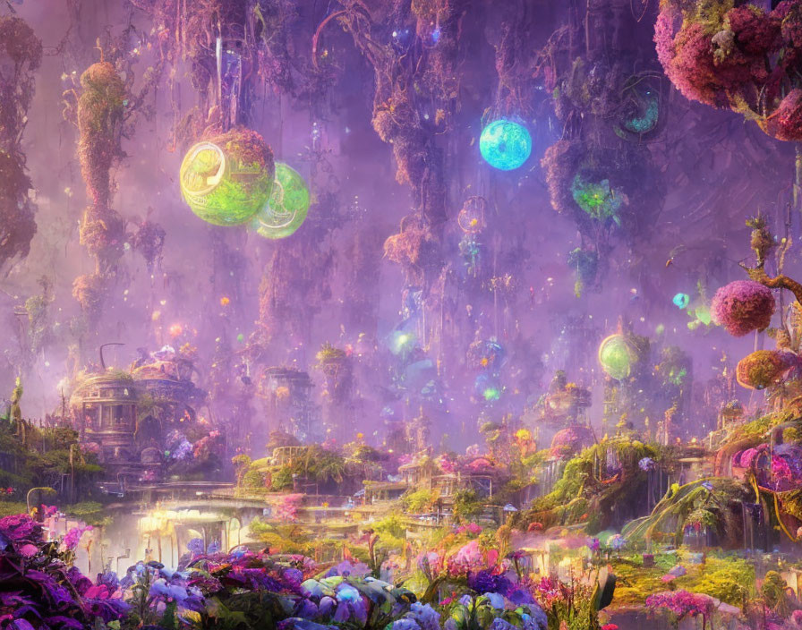 Colorful Floating Orbs in Vibrant Fantasy Landscape