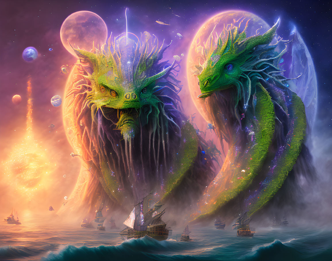 Colossal sea dragons near sailing ships in vibrant celestial scene