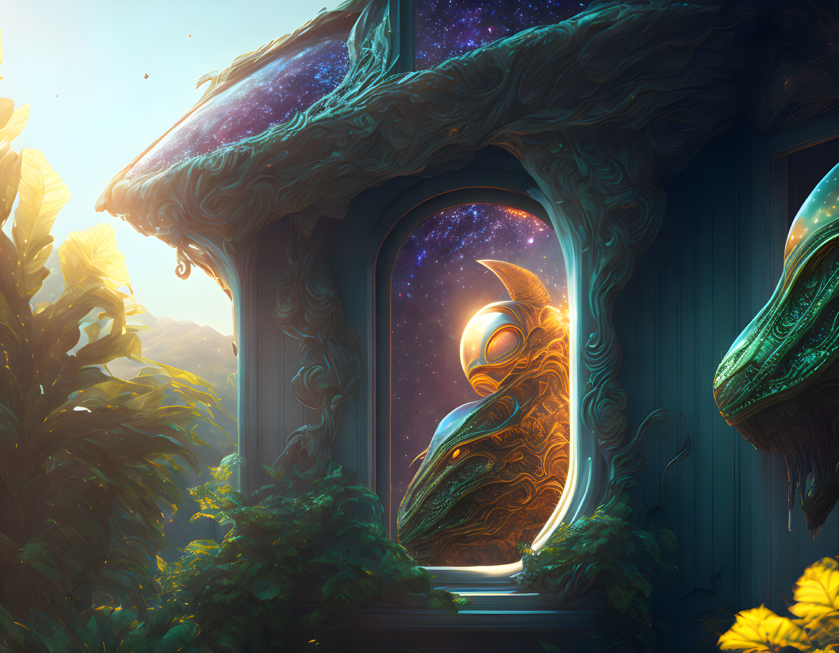 Fantasy house with cosmic eye-shaped window in lush greenery.