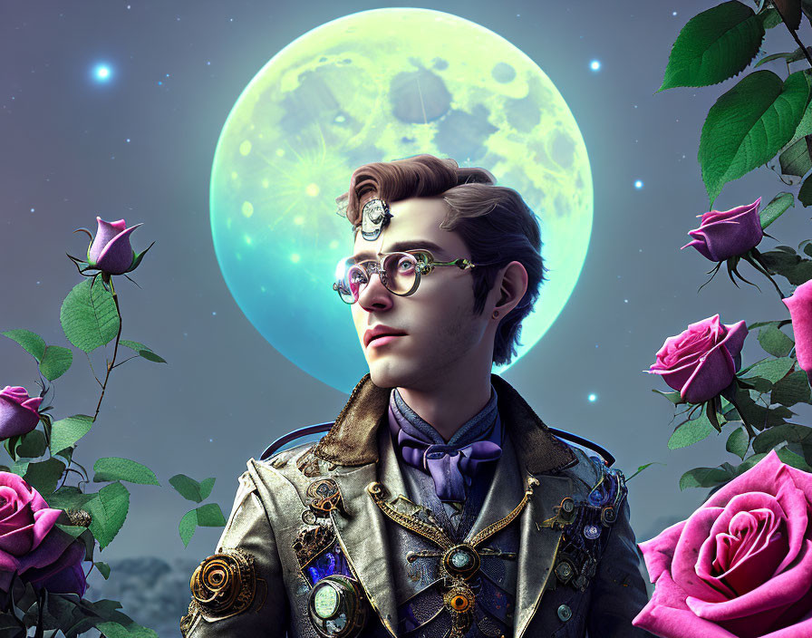 Steampunk-style portrait of man in round glasses with moon and roses.