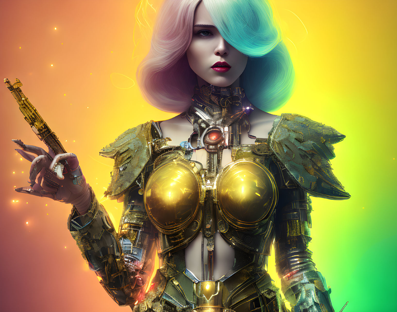 Futuristic female figure in metallic armor with blue and white hair on gradient background