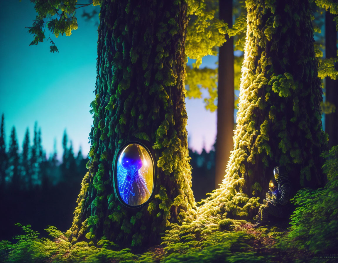 Enchanting forest at dusk with moss-covered trees and magical portal