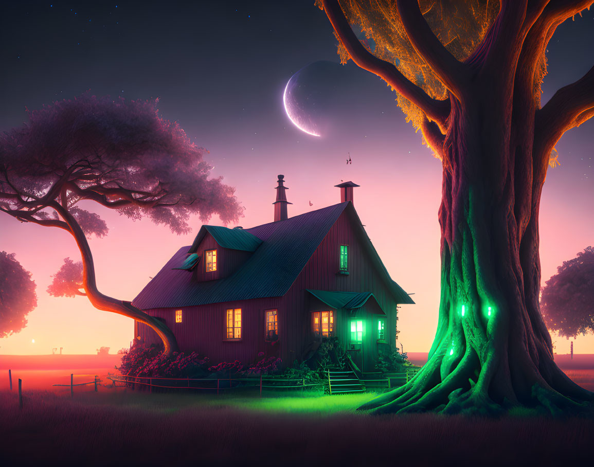 Cozy house between trees under twilight sky with crescent moon