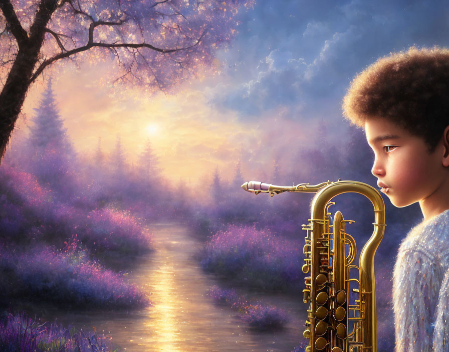 Child playing saxophone in twilight landscape with glowing path