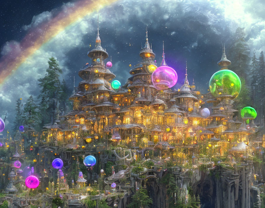 Multilevel treehouse city with colorful orbs at night