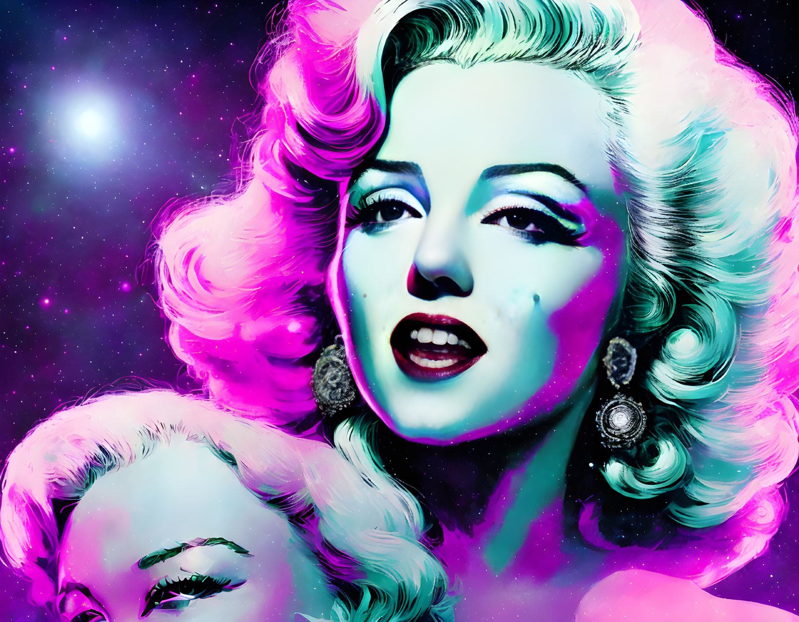 Colorful digital art of classic female icon with cosmic background