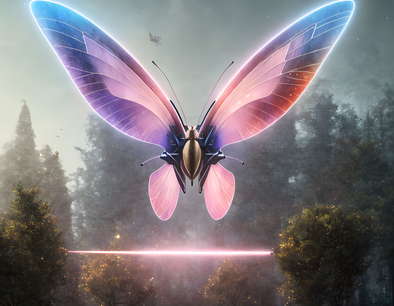 Iridescent butterfly with neon glow in misty forest