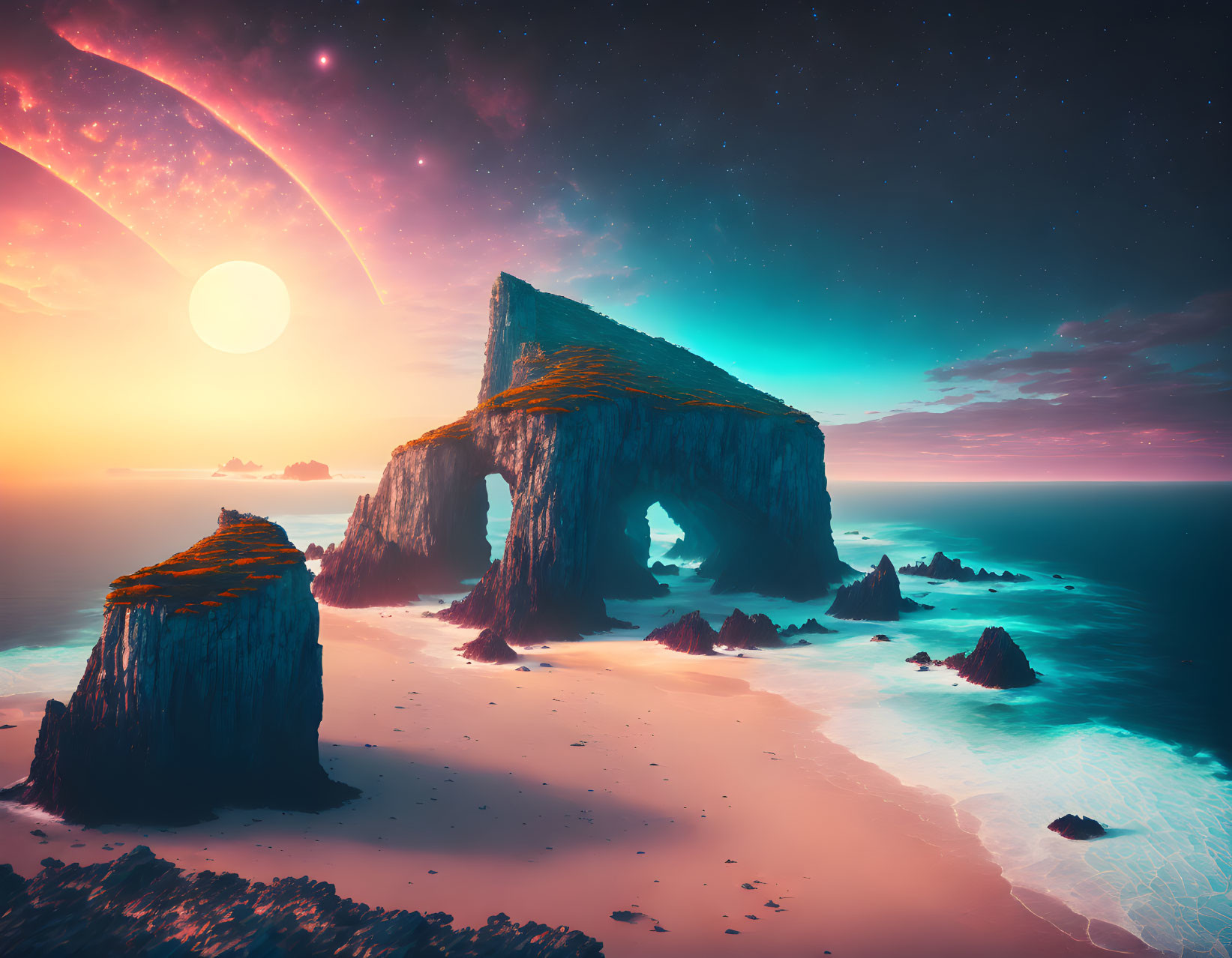 Surreal coastal landscape at sunset with large moon