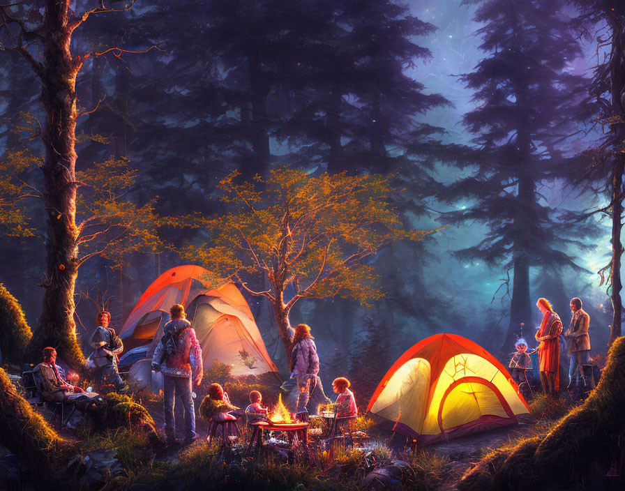 Campers by Warm Fire in Serene Forest Setting at Twilight