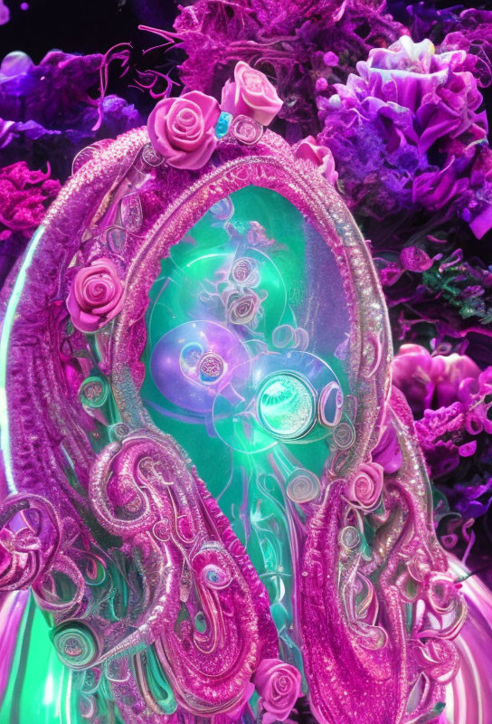 Ornate mirror with green and purple background, pink roses, golden embellishments