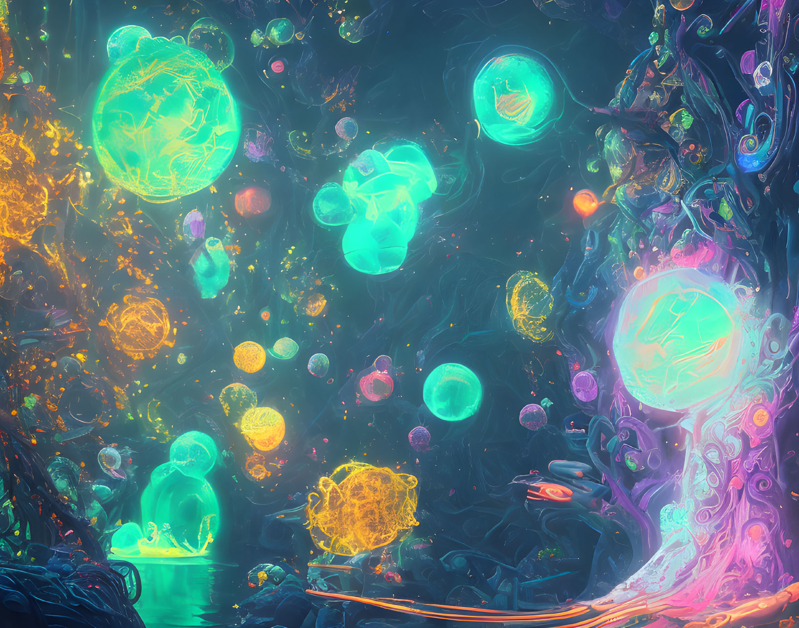 Glowing jellyfish in vibrant underwater scene