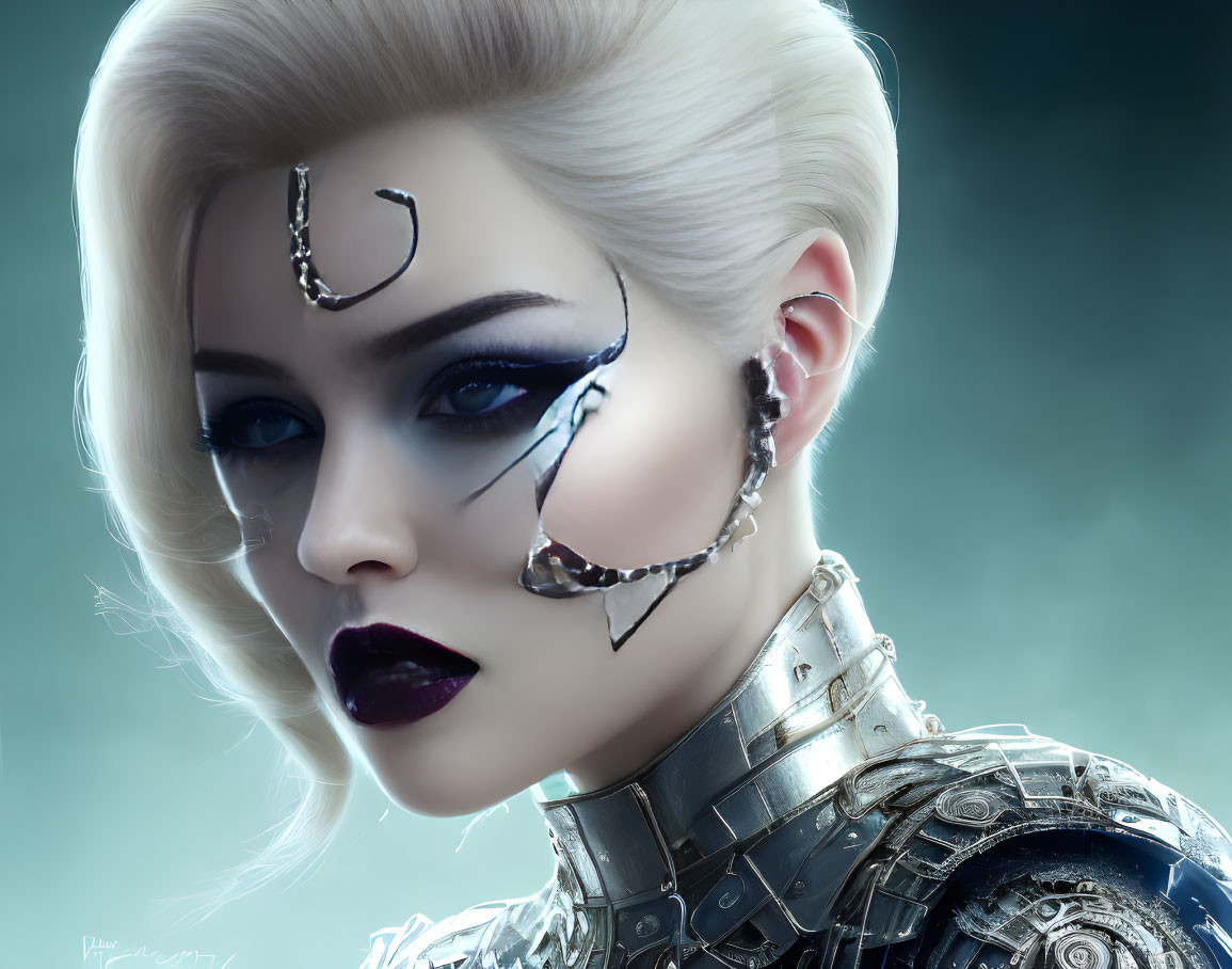 Platinum blonde female with dark makeup in futuristic metallic armor and broken android face.