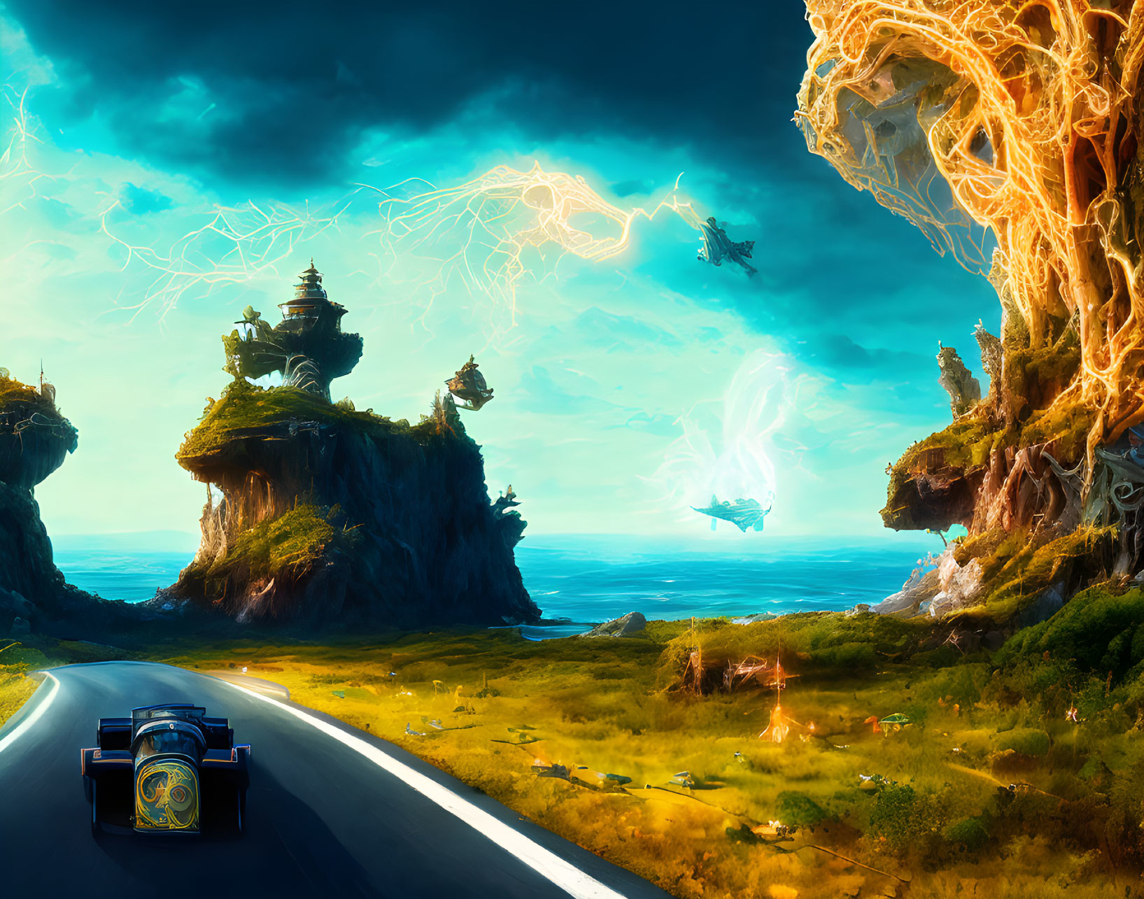 Vintage car on coastal road near fantastical cliffs with floating islands, ships, and magical tree structure.