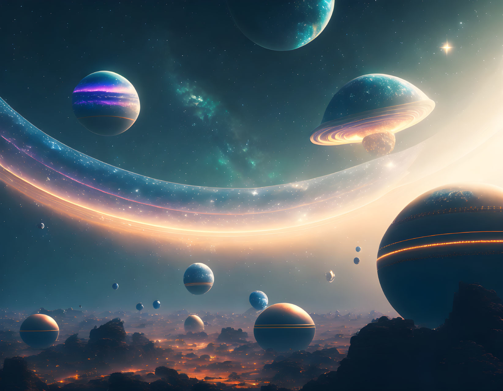 Surreal cosmic landscape with planets, rings, asteroids, and nebula