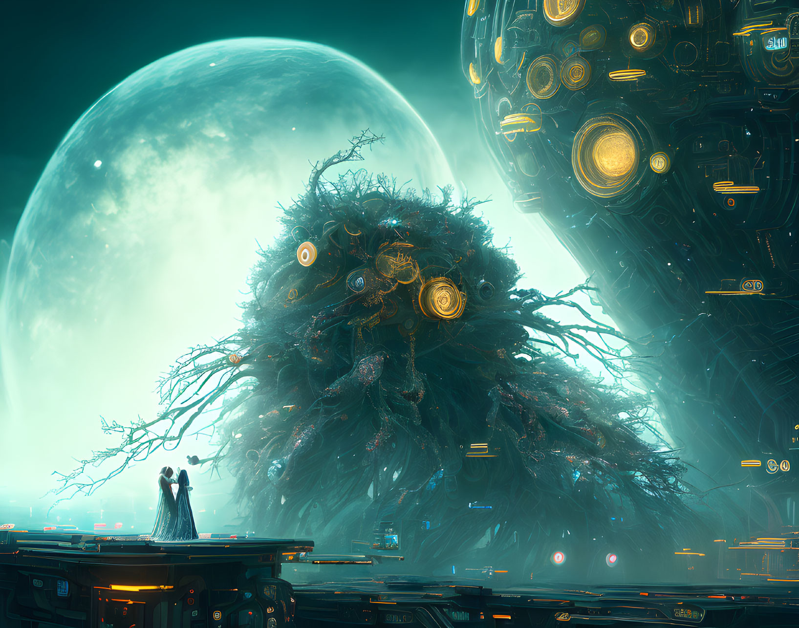 Futuristic sci-fi scene with large tree, clock elements, figures, moon, and structures