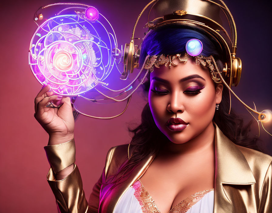 Elaborate golden headgear woman interacts with holographic interface on colorful backdrop