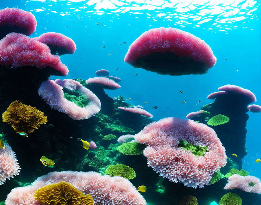 Colorful Coral Formations and Fish in Vibrant Underwater Scene