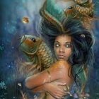 Regal woman with crown and scepter among exotic fish in underwater scene