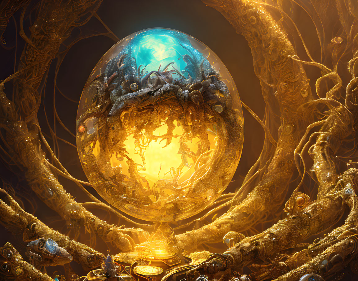 Ethereal figures in mystical orb with blue and golden tones