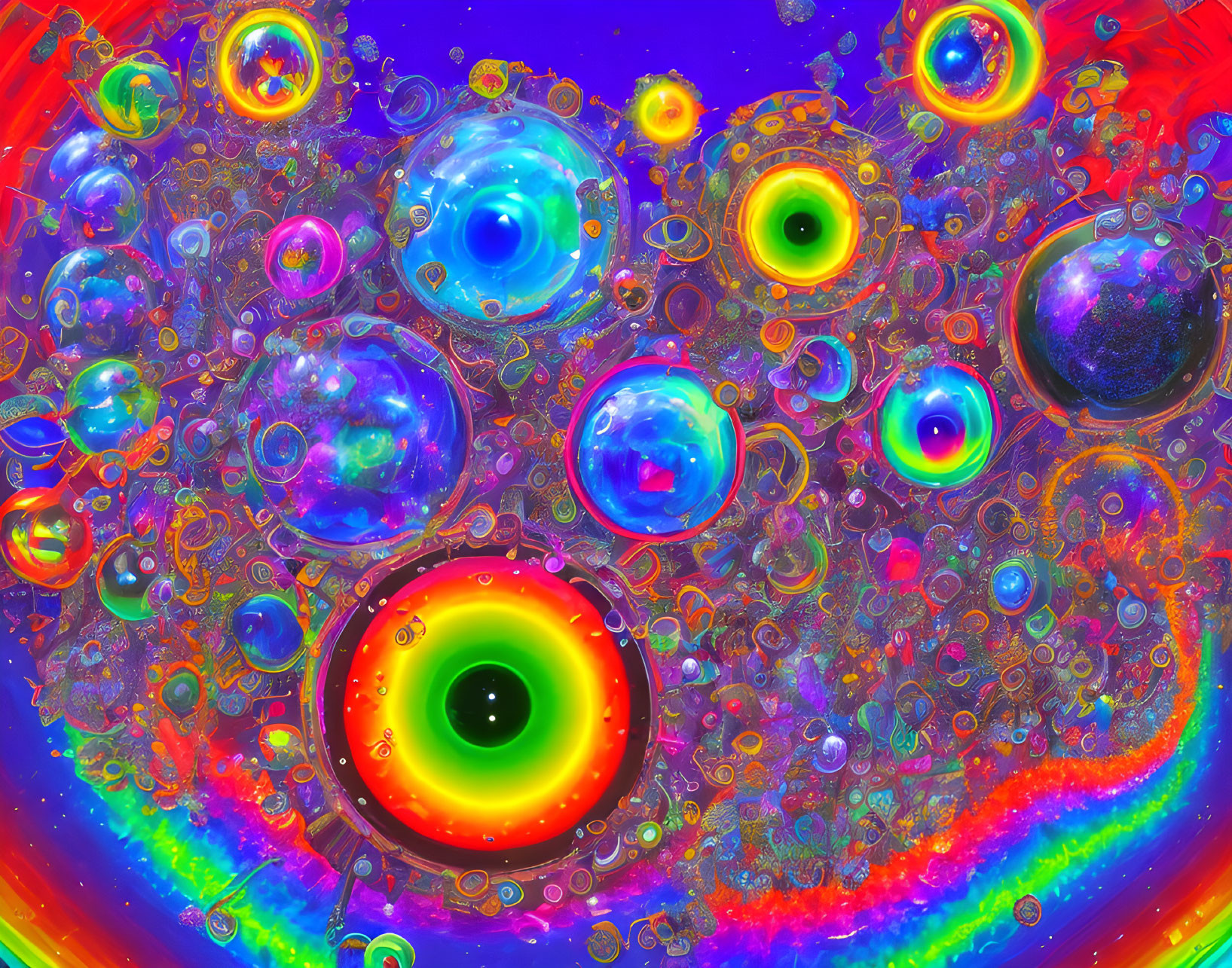 Colorful digital artwork featuring multicolored bubbles and eye-like patterns in a psychedelic swirl.