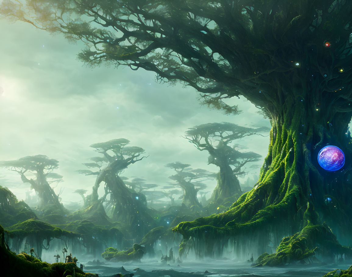 Mystical forest scene with ancient trees, moss, mist, and glowing orb