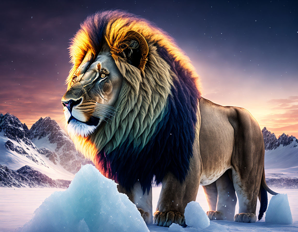 Colorful Maned Lion in Snowy Mountain Twilight