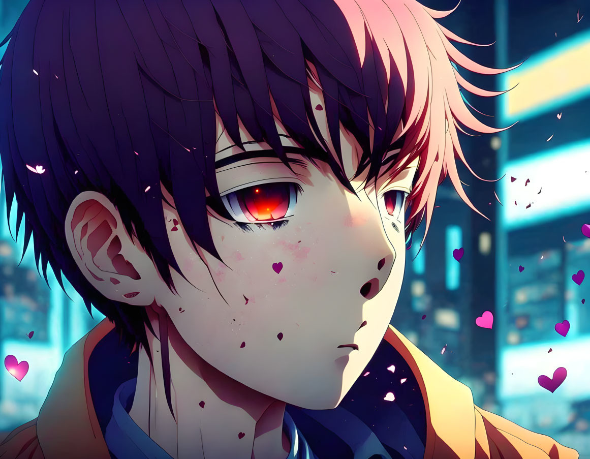 Anime boy with tousled brown hair and red eye surrounded by pink hearts in neon-lit city.