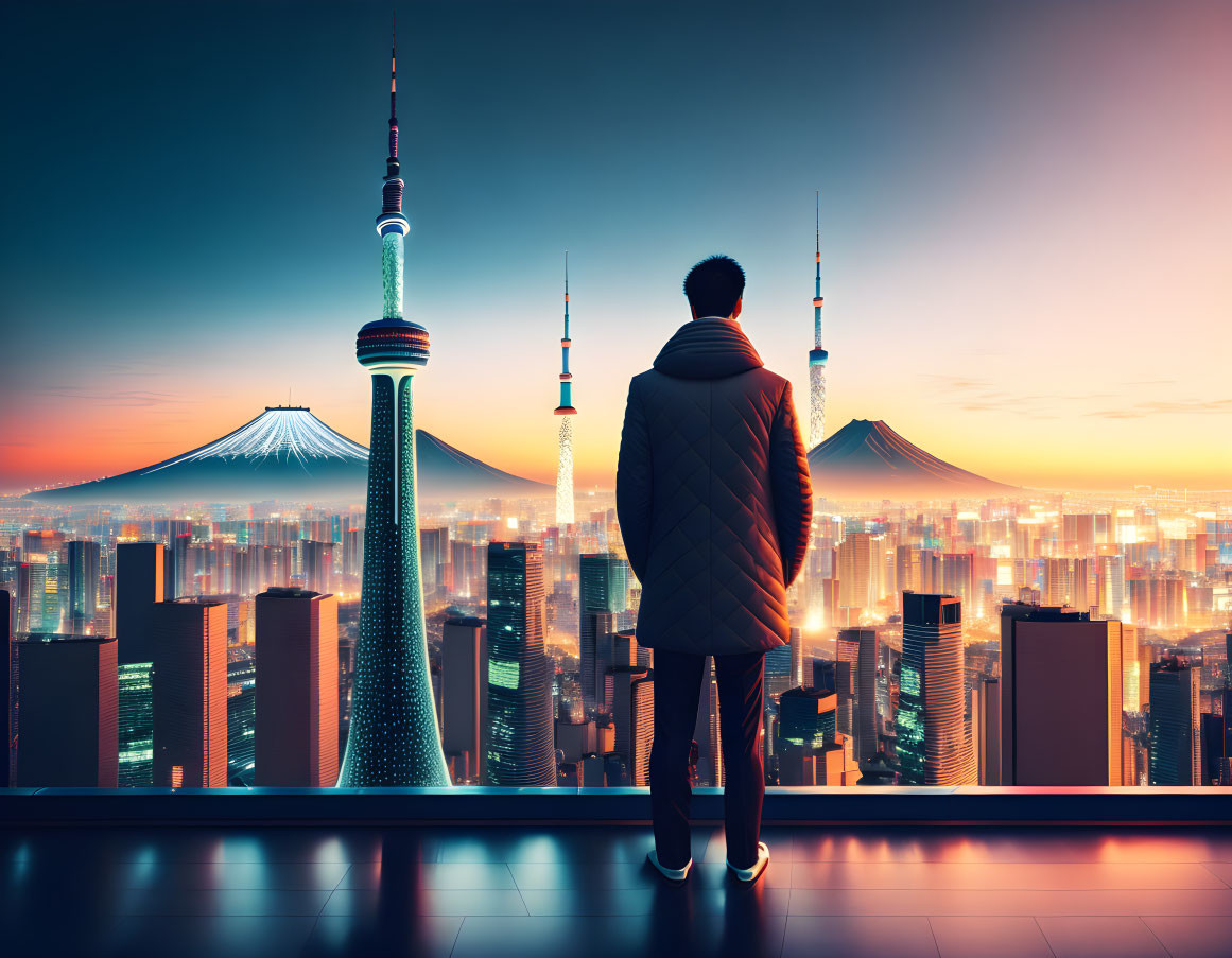 Person in jacket gazes at futuristic cityscape with glowing buildings and Mount Fuji in distance