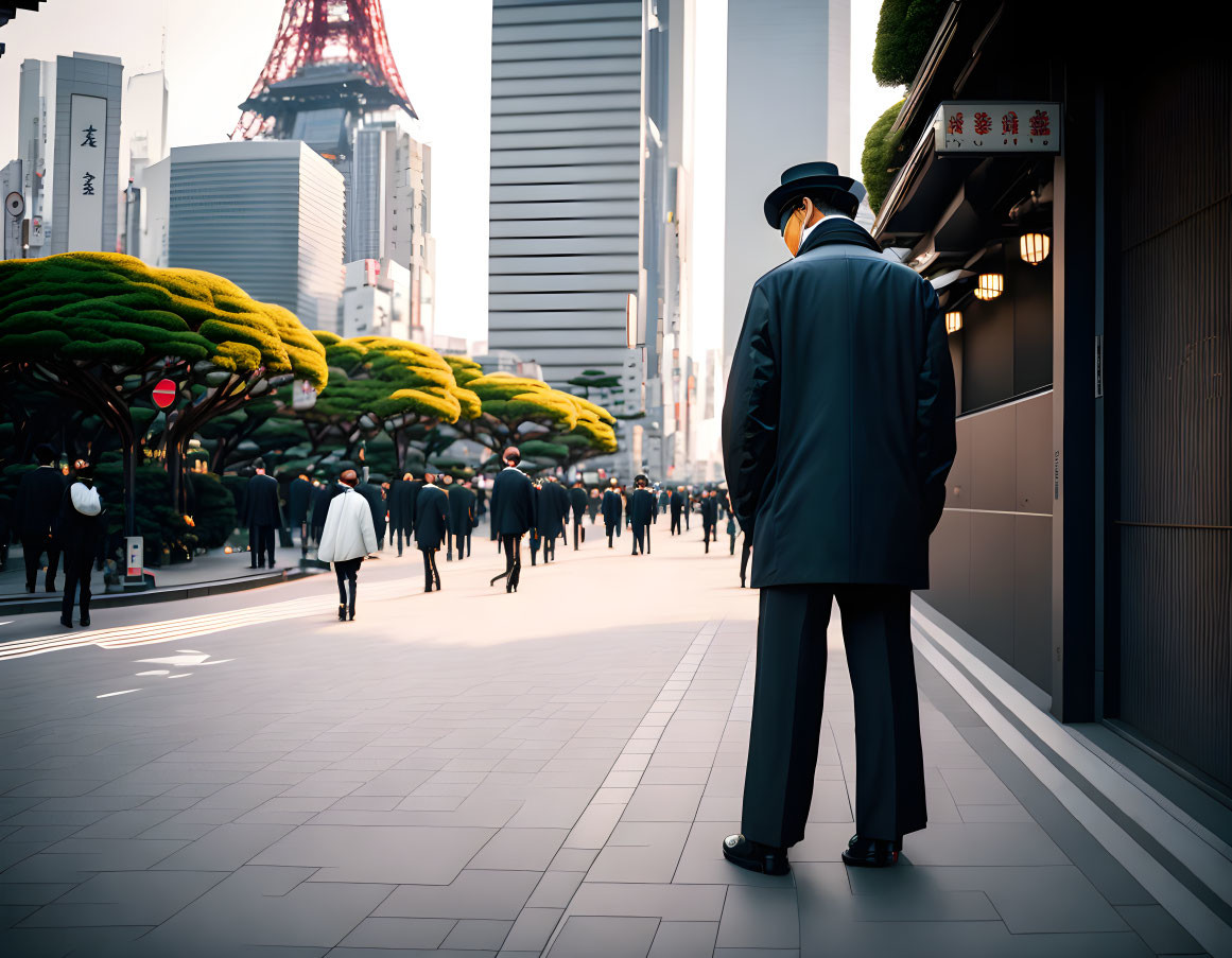 Elderly gentleman in suit and hat on urban sidewalk with modern buildings and trees.