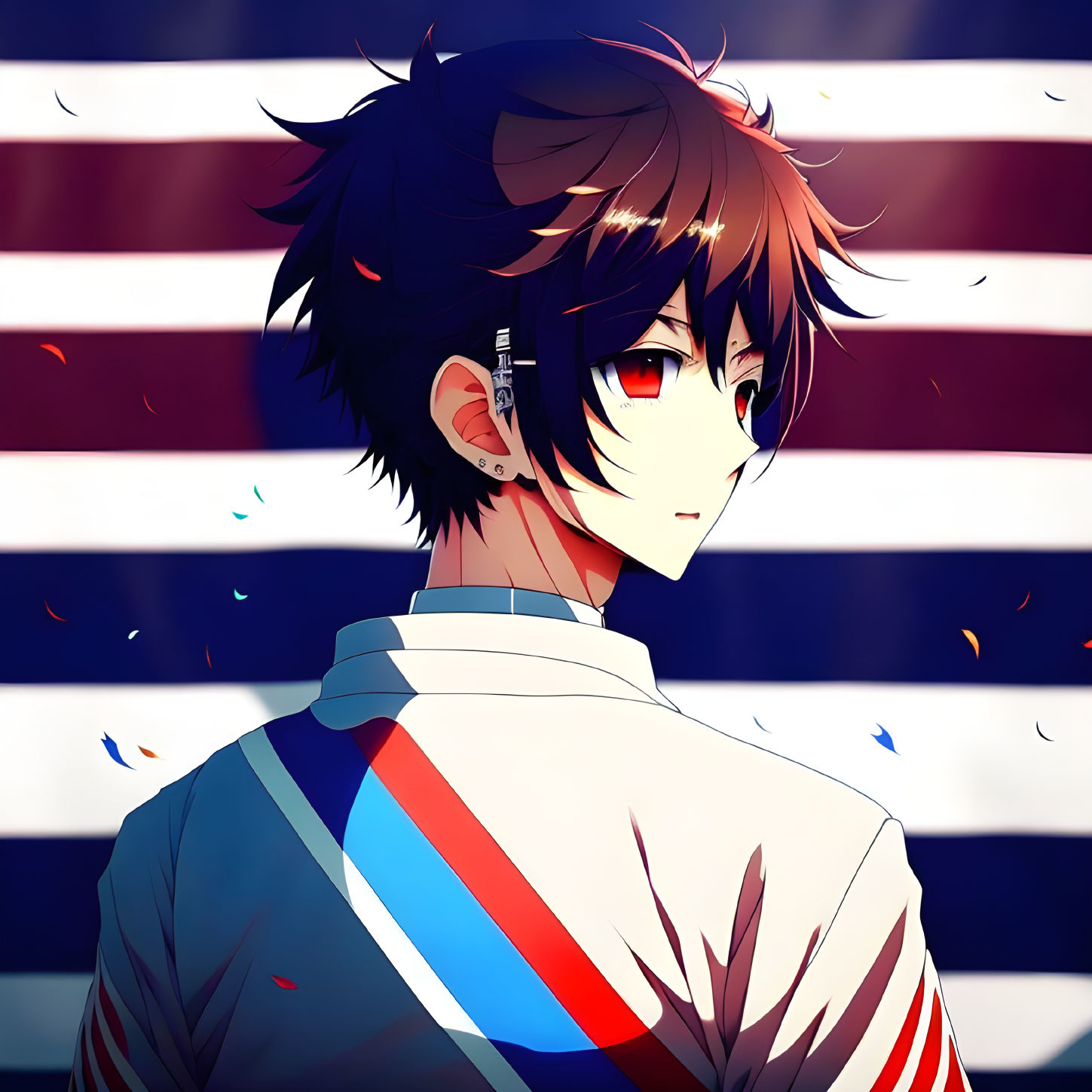 Person with dark hair and red eyes in jacket with red and blue stripes on American flag background.