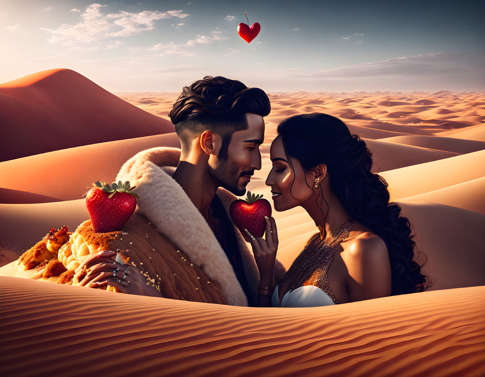 Romantic couple in desert sunset with heart and strawberries