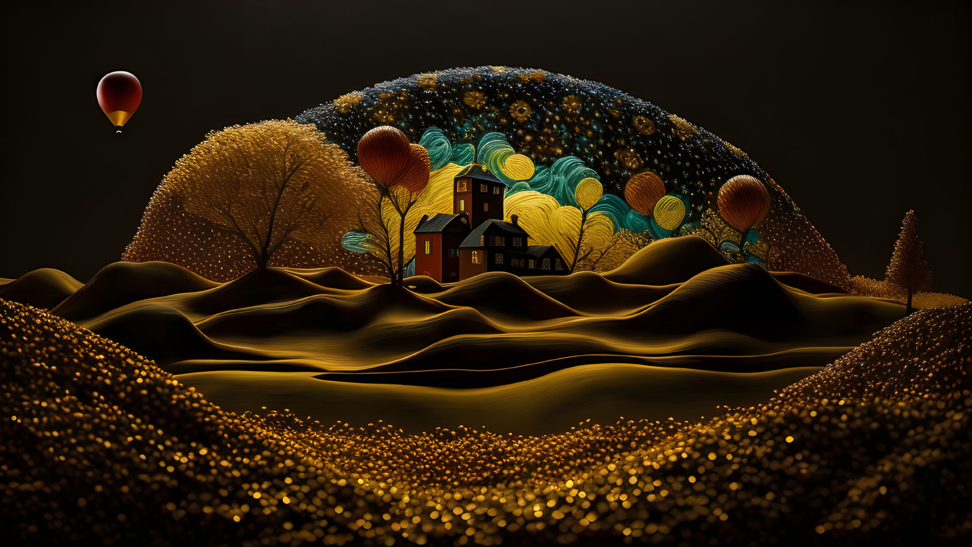Nighttime landscape with hills, house, trees, hot air balloons under starry sky