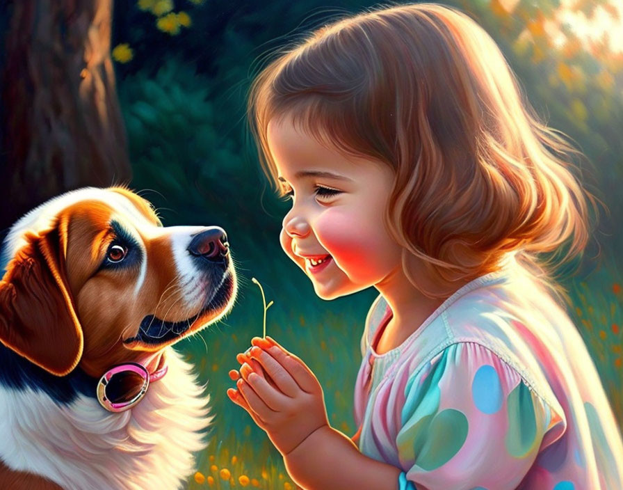 Young girl in polka dot dress with flower looking at dog in sunny nature scene