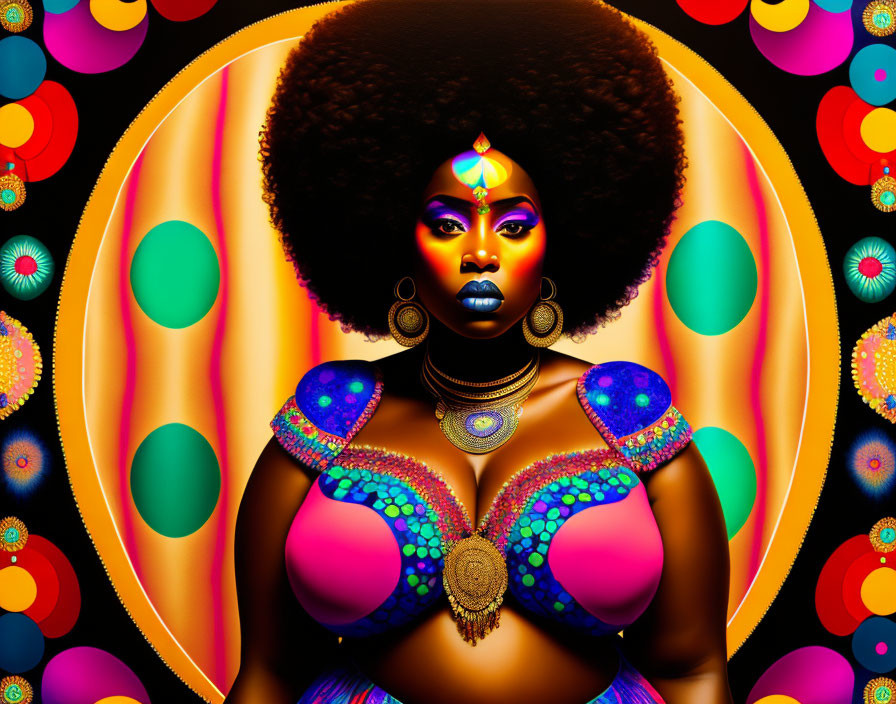 Colorful digital artwork: Woman with large afro and beads on psychedelic background