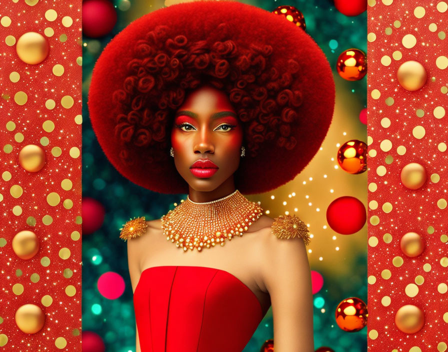 Digital artwork of woman with afro in red dress and gold necklace on decorative background.