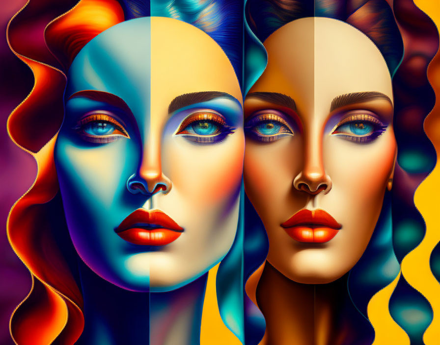 Symmetrical Split-Face Digital Art with Colorful Hairstyles and Makeup