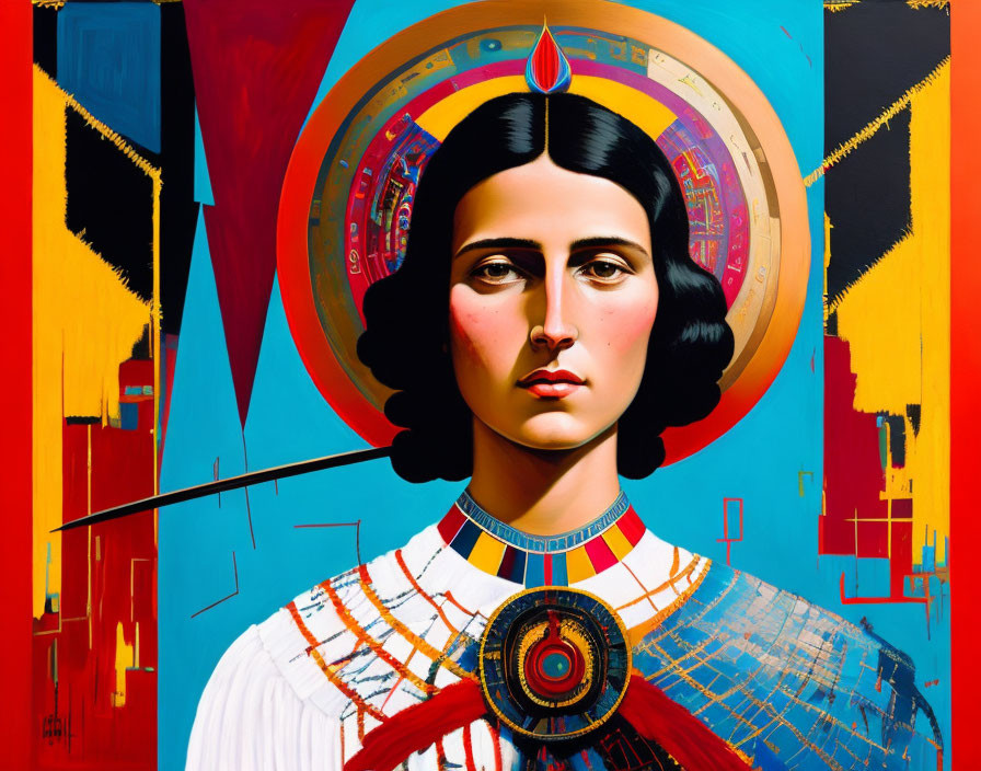 Colorful geometric portrait of a woman with stern expression