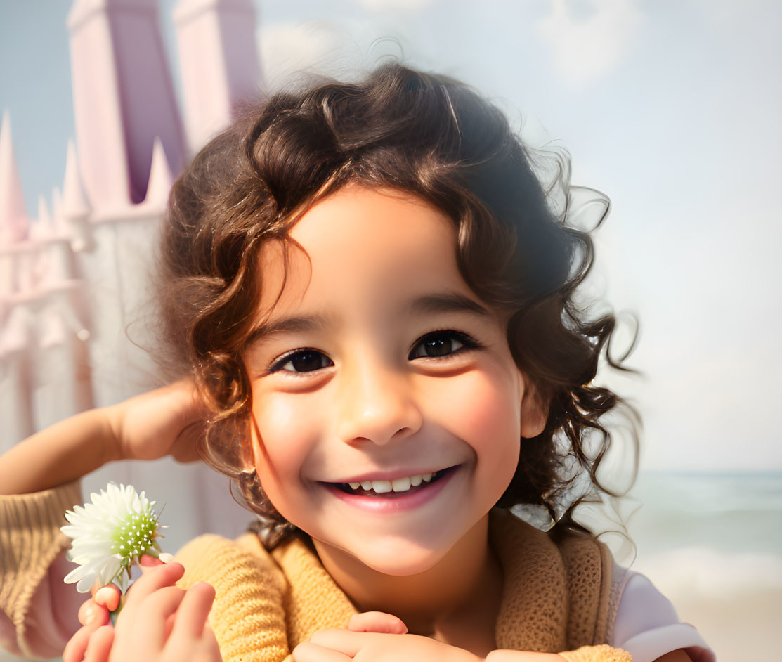 Child with curly hair holding a white flower in front of castle and sunny sky
