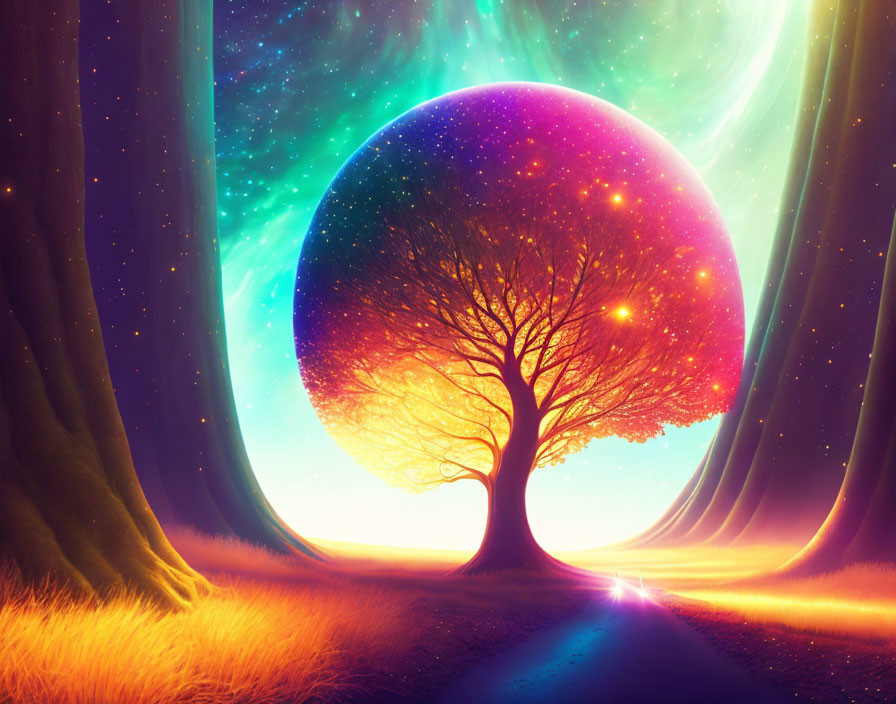 Colorful celestial sphere and lone tree in vibrant digital artwork