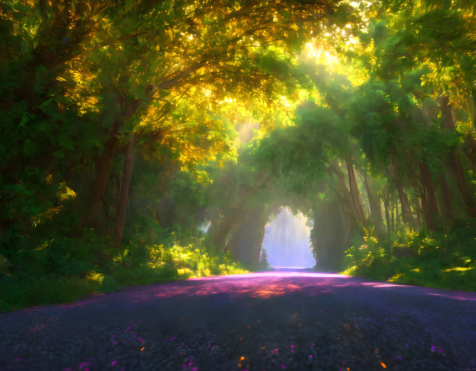 Forest Path with Overhanging Trees and Mystical Portal