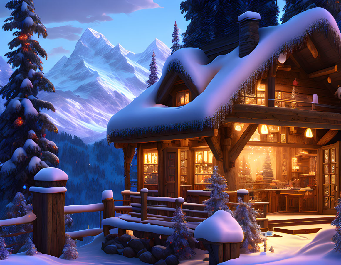 Snow-covered log cabin in twilight with mountain backdrop