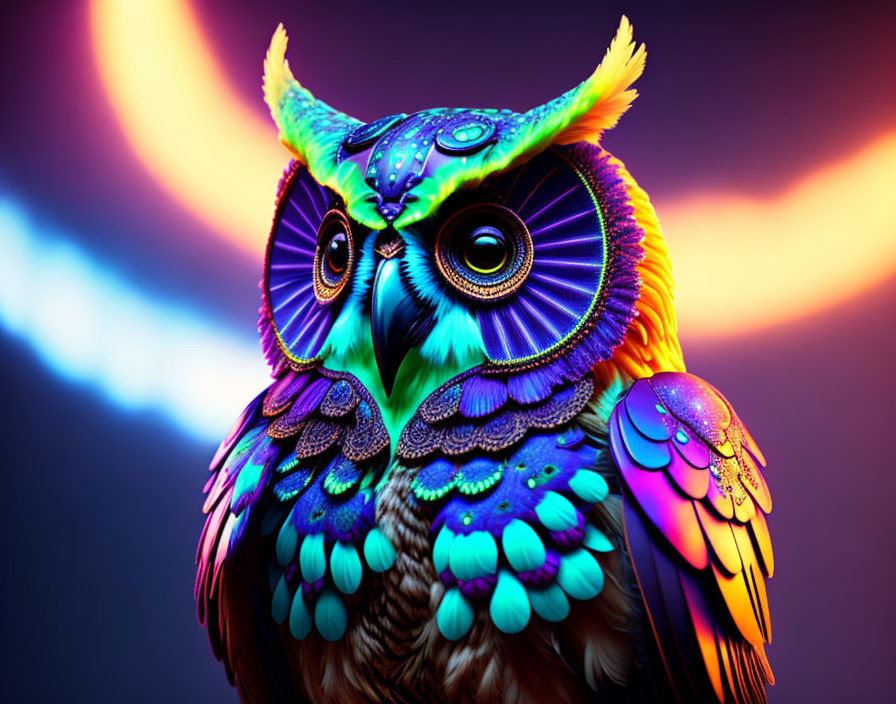 Colorful digital owl artwork with neon blue and purple hues and intricate feather patterns on dark background.