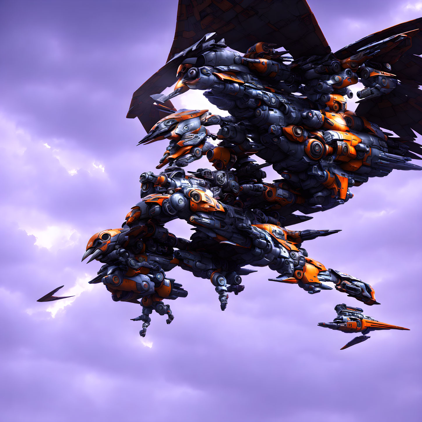 Gigantic orange and gray robotic bird flying in purple sky