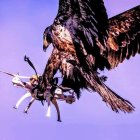 Gigantic orange and gray robotic bird flying in purple sky