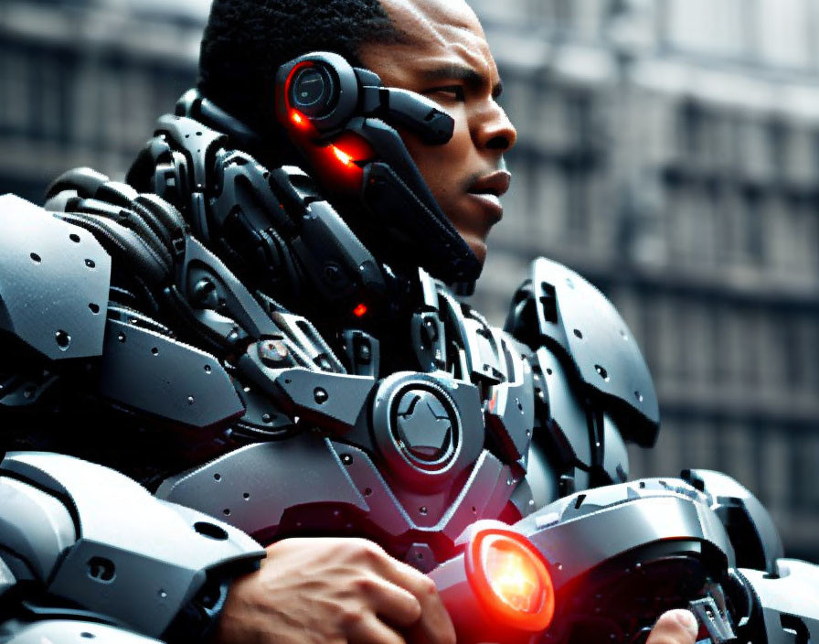 Futuristic armored suit with glowing red elements, person gazes sideways