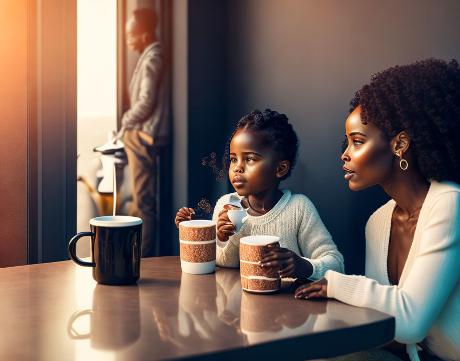 Mother and Child at Table with Mugs, Man in Sunlight by Window