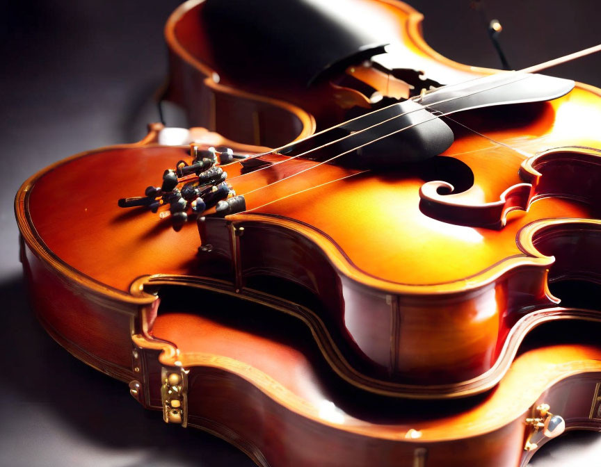 Detailed close-up of glossy wood violin with f-holes, strings, and bow under warm lighting