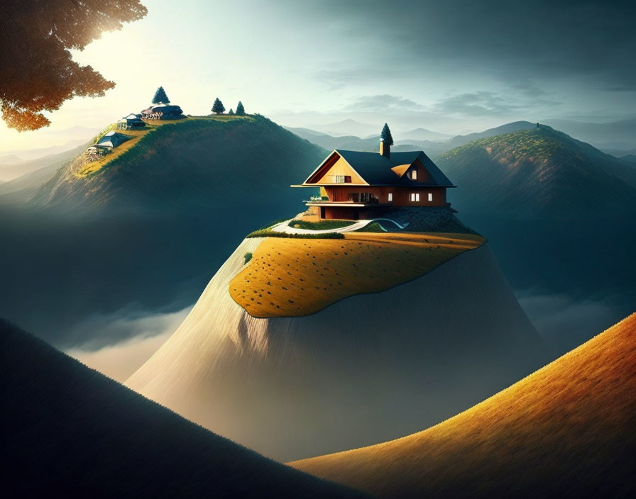 Surreal landscape with hilltop house, rolling hills, clear sky, and warm golden light