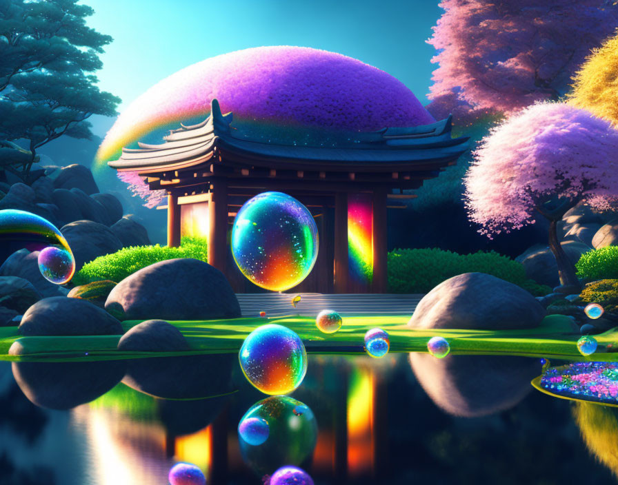 Fantasy landscape with traditional pavilion, luminous bubbles, colorful trees at twilight