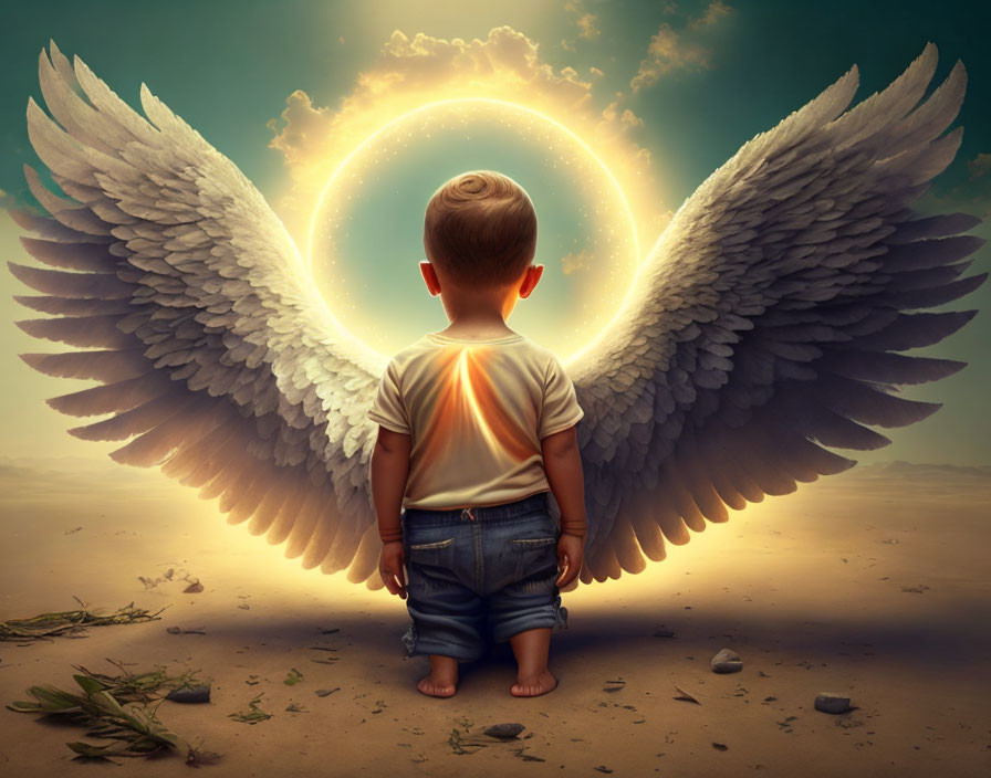 Toddler with angel wings under glowing halo in mystical setting